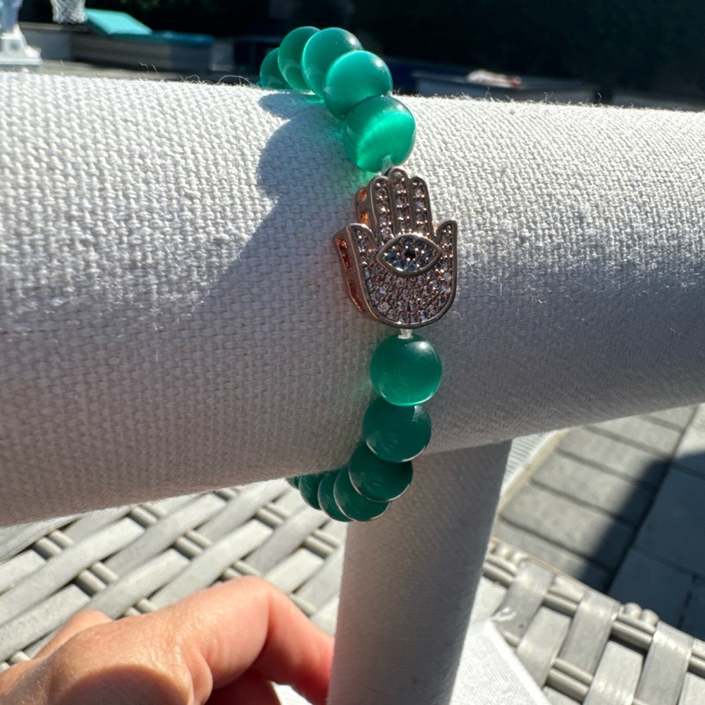Green Beaded Bracelet with Hamsa Charm